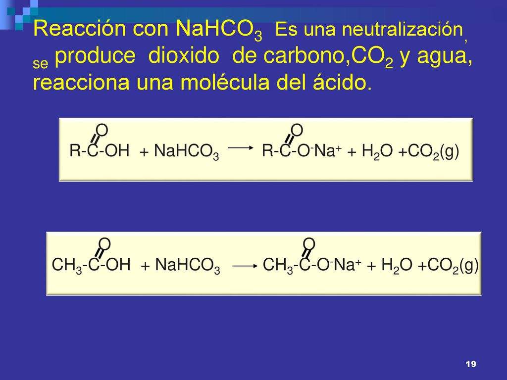 Reacción con NaHCO3 Es una neutralización, se produce dioxido de carbono,CO2 y agua, reacciona una molécula del ácido.