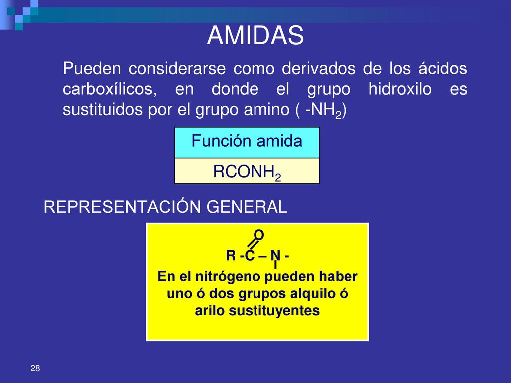 AMIDAS Pueden considerarse como derivados de los ácidos carboxílicos, en donde el grupo hidroxilo es sustituidos por el grupo amino ( -NH2)