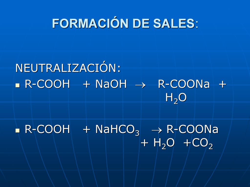 FORMACIÓN DE SALES: NEUTRALIZACIÓN: R-COOH + NaOH  R-COONa + H2O