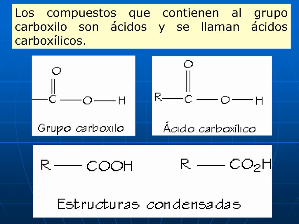 Los compuestos que contienen al grupo carboxilo son ácidos y se llaman ácidos carboxílicos.