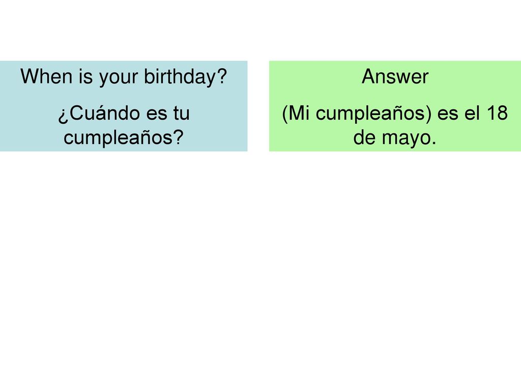 ¿Cuándo es tu cumpleaños Answer (Mi cumpleaños) es el 18 de mayo.