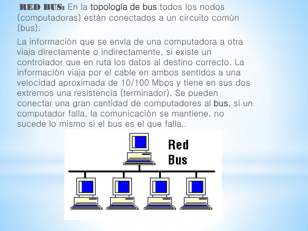 RED BUS: En la topología de bus todos los nodos (computadoras) están conectados a un circuito común (bus).