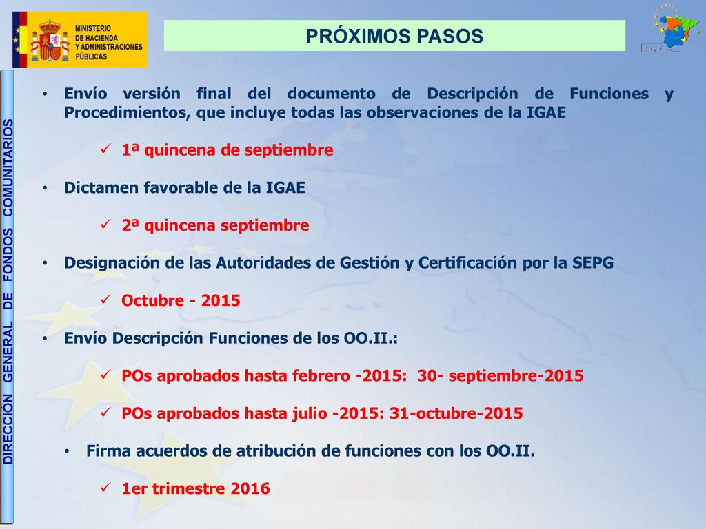 PRÓXIMOS PASOS Envío versión final del documento de Descripción de Funciones y Procedimientos, que incluye todas las observaciones de la IGAE.