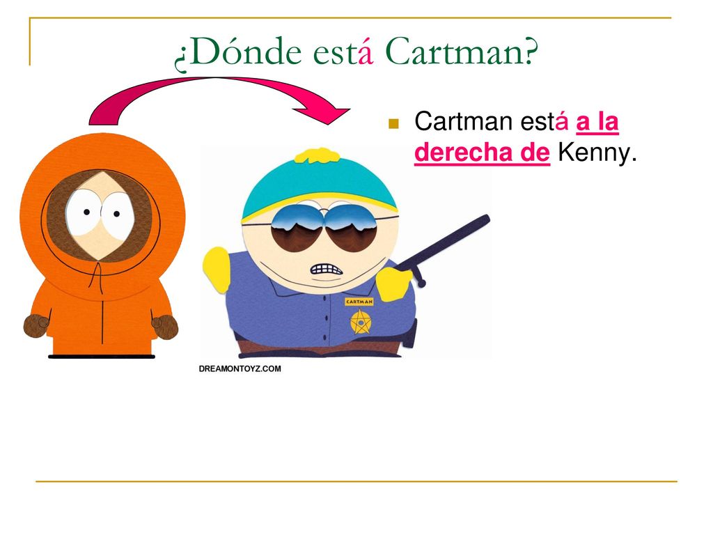 ¿Dónde está Cartman Cartman está a la derecha de Kenny.