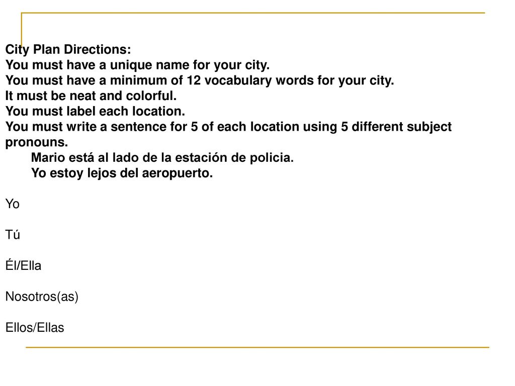 City Plan Directions: You must have a unique name for your city. You must have a minimum of 12 vocabulary words for your city.