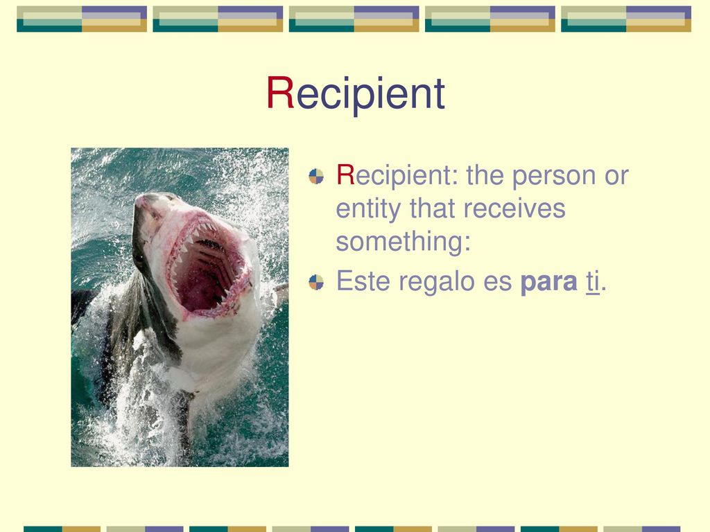 Recipient Recipient: the person or entity that receives something: