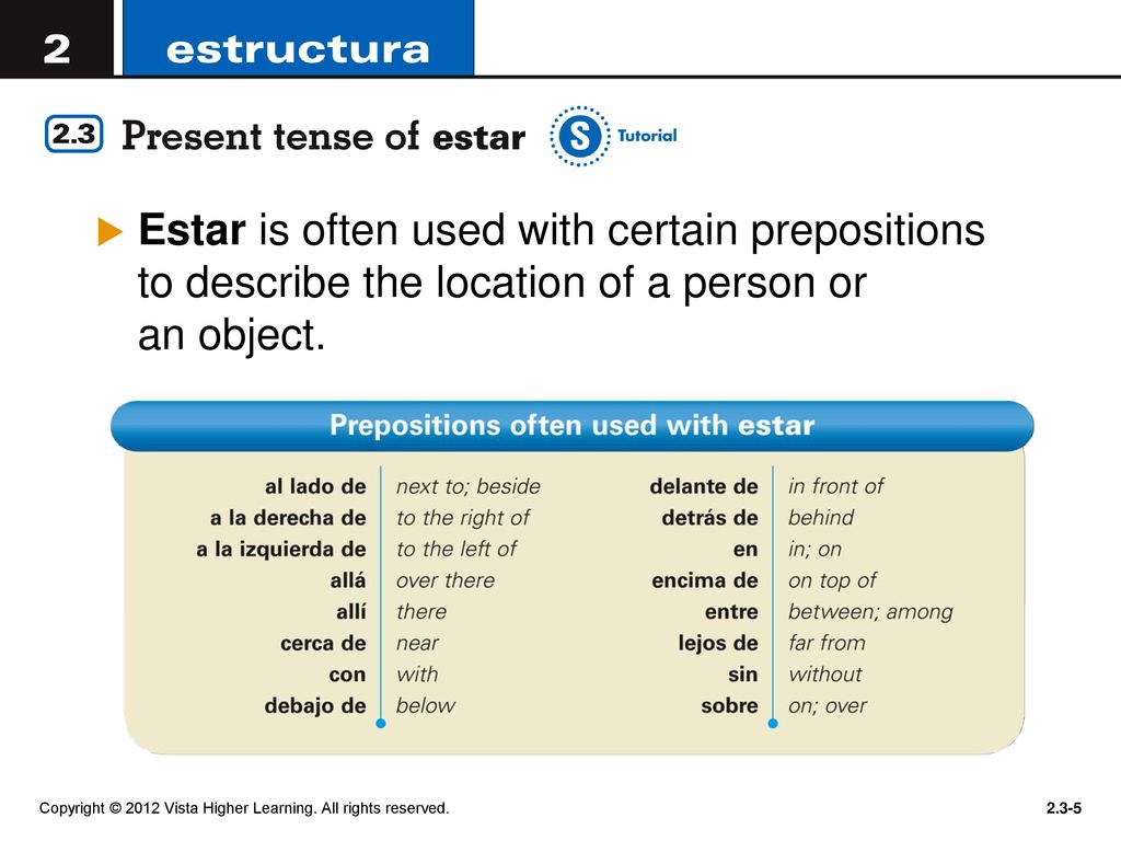 Estar is often used with certain prepositions to describe the location of a person or an object.