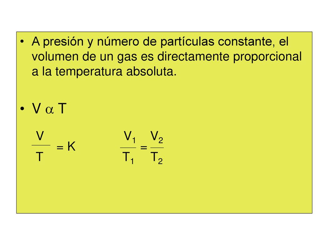 A presión y número de partículas constante, el volumen de un gas es directamente proporcional a la temperatura absoluta.