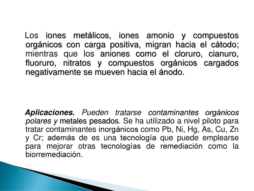 Los iones metálicos, iones amonio y compuestos orgánicos con carga positiva, migran hacia el cátodo; mientras que los aniones como el cloruro, cianuro, fluoruro, nitratos y compuestos orgánicos cargados negativamente se mueven hacia el ánodo.