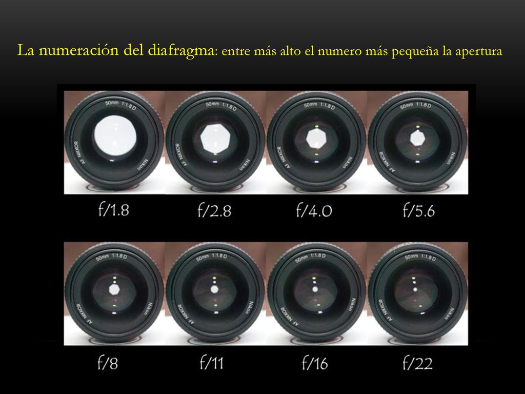 La numeración del diafragma: entre más alto el numero más pequeña la apertura