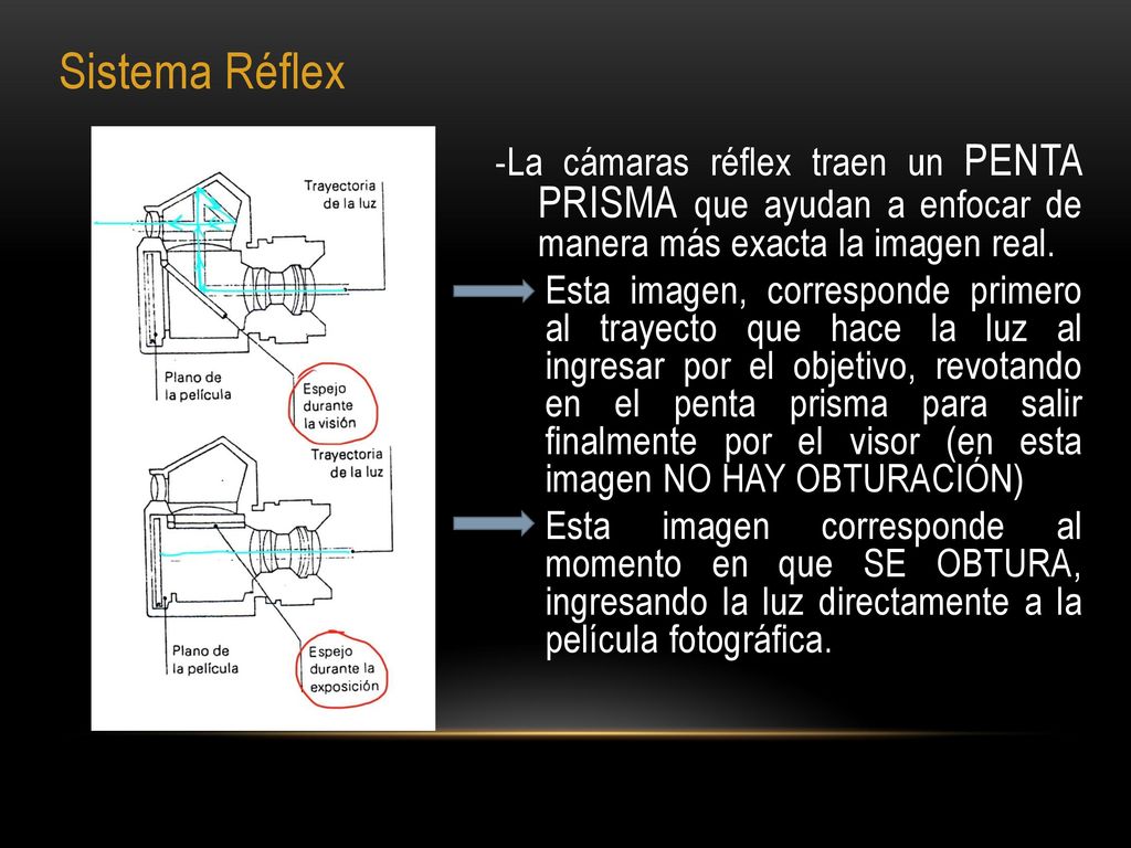 Sistema Réflex -La cámaras réflex traen un PENTA PRISMA que ayudan a enfocar de manera más exacta la imagen real.