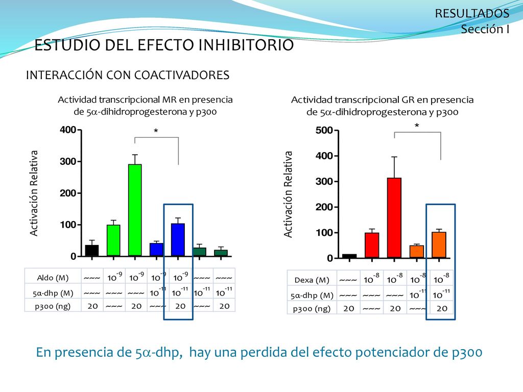 En presencia de 5a-dhp, hay una perdida del efecto potenciador de p300