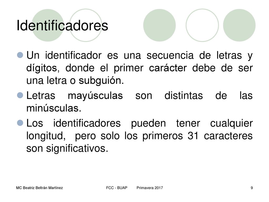 Identificadores Un identificador es una secuencia de letras y dígitos, donde el primer carácter debe de ser una letra o subguión.