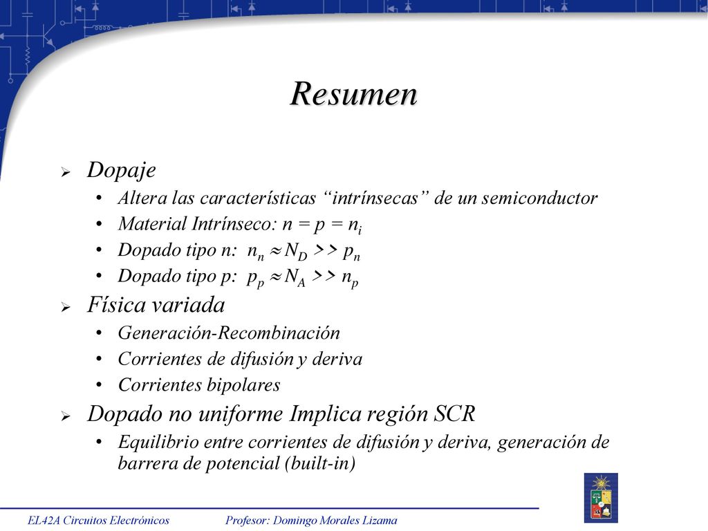 Resumen Dopaje Física variada Dopado no uniforme Implica región SCR