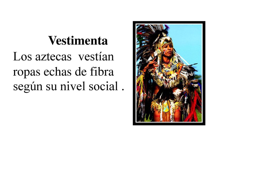 Vestimenta Los aztecas vestían ropas echas de fibra según su nivel social .