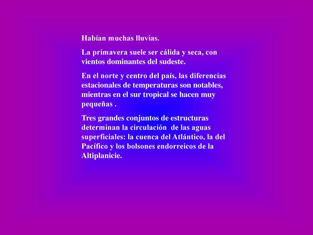 Habían muchas lluvias. La primavera suele ser cálida y seca, con vientos dominantes del sudeste.
