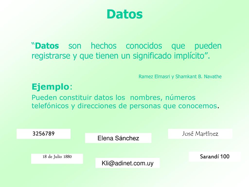 Datos Datos son hechos conocidos que pueden registrarse y que tienen un significado implícito . Ramez Elmasri y Shamkant B. Navathe.