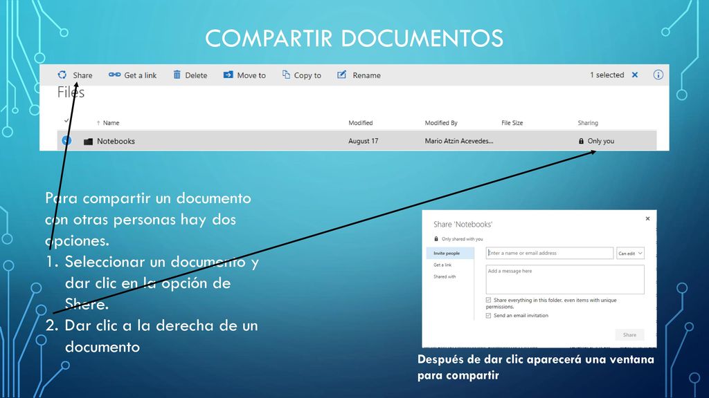 Compartir Documentos Para compartir un documento con otras personas hay dos opciones. Seleccionar un documento y dar clic en la opción de Shere.