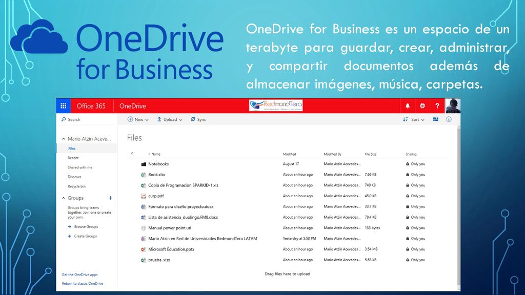 OneDrive for Business es un espacio de un terabyte para guardar, crear, administrar, y compartir documentos además de almacenar imágenes, música, carpetas.