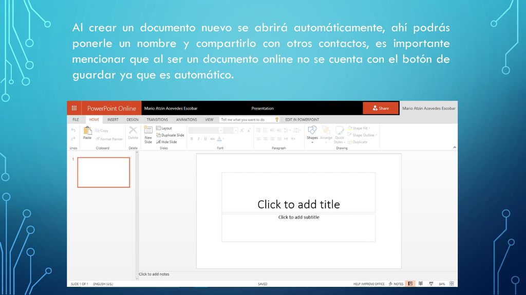 Al crear un documento nuevo se abrirá automáticamente, ahí podrás ponerle un nombre y compartirlo con otros contactos, es importante mencionar que al ser un documento online no se cuenta con el botón de guardar ya que es automático.