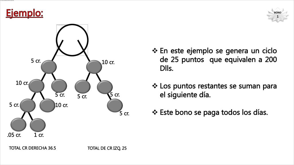 Ejemplo: BONO 1. En este ejemplo se genera un ciclo de 25 puntos que equivalen a 200 Dlls. Los puntos restantes se suman para el siguiente día.