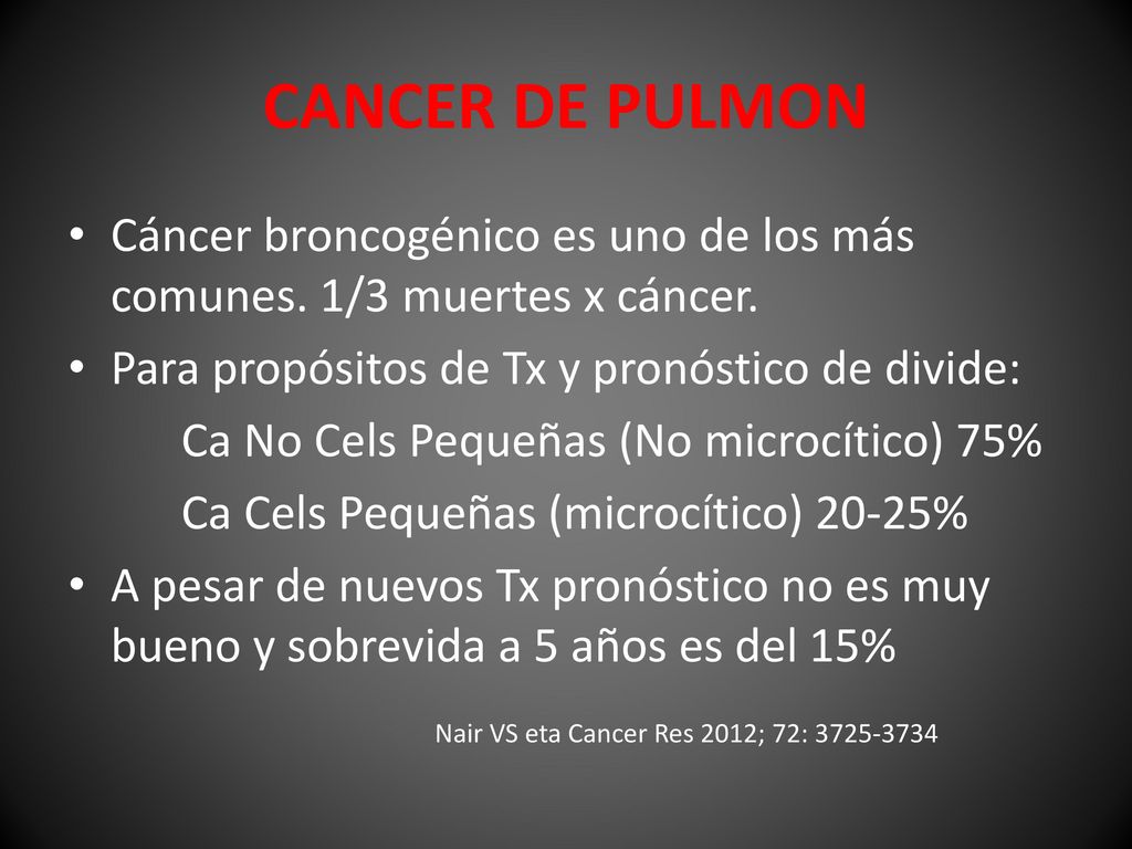 CANCER DE PULMON Cáncer broncogénico es uno de los más comunes. 1/3 muertes x cáncer. Para propósitos de Tx y pronóstico de divide: