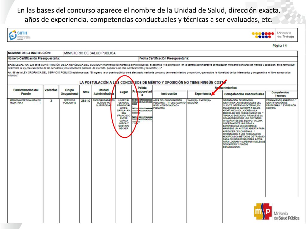 En las bases del concurso aparece el nombre de la Unidad de Salud, dirección exacta, años de experiencia, competencias conductuales y técnicas a ser evaluadas, etc.