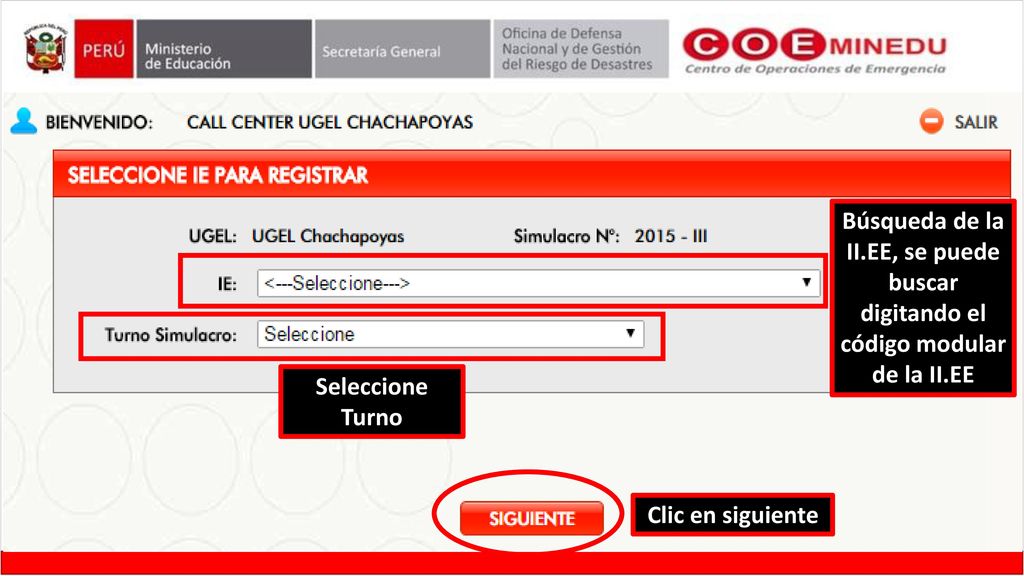 Búsqueda de la II.EE, se puede buscar digitando el código modular de la II.EE