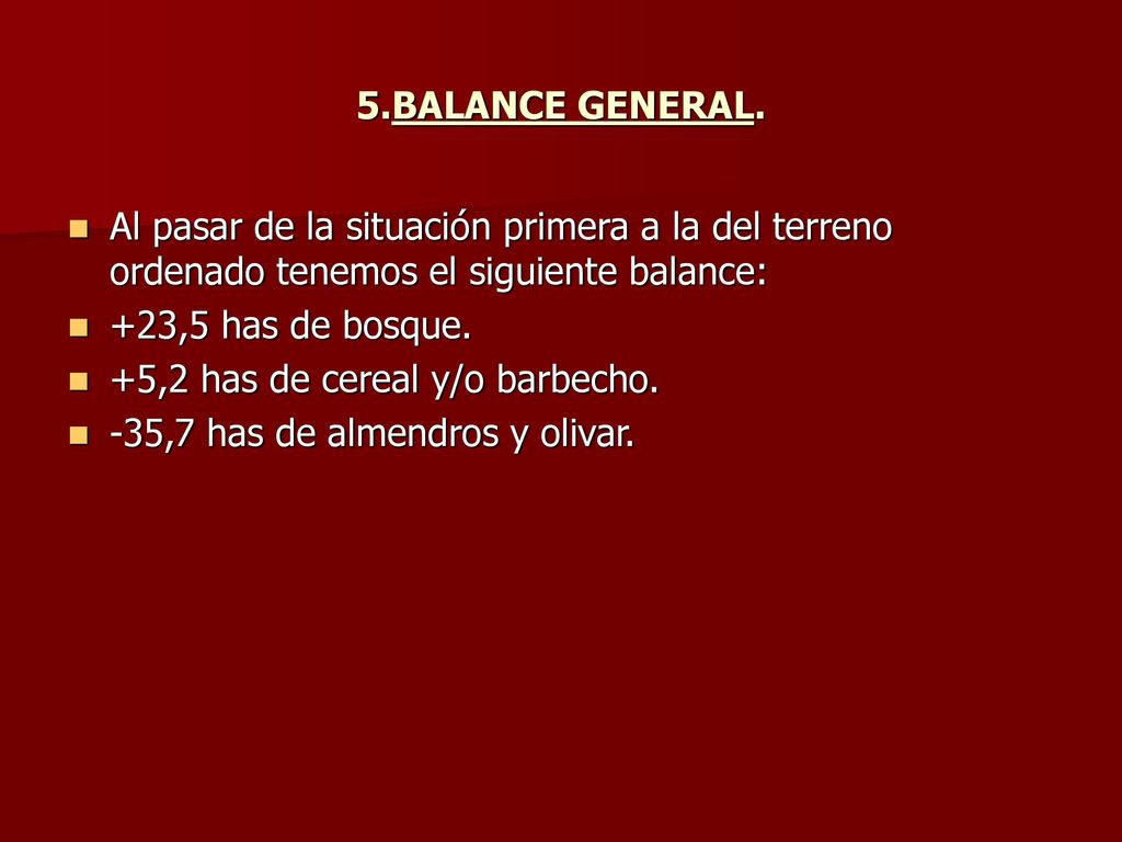 5.BALANCE GENERAL. Al pasar de la situación primera a la del terreno ordenado tenemos el siguiente balance: