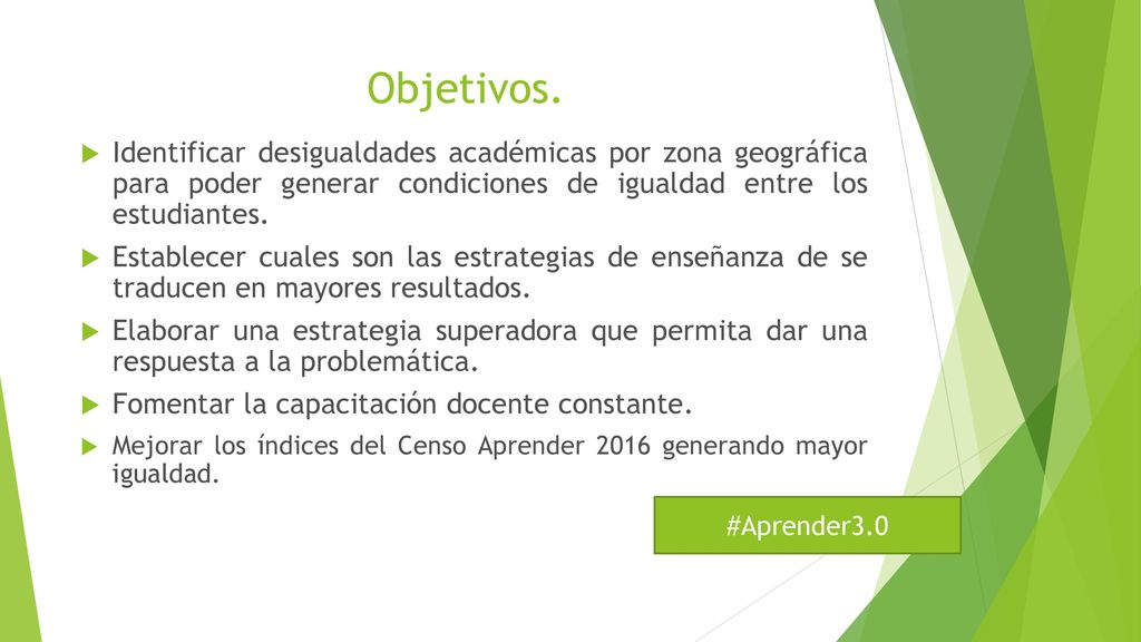Objetivos. Identificar desigualdades académicas por zona geográfica para poder generar condiciones de igualdad entre los estudiantes.