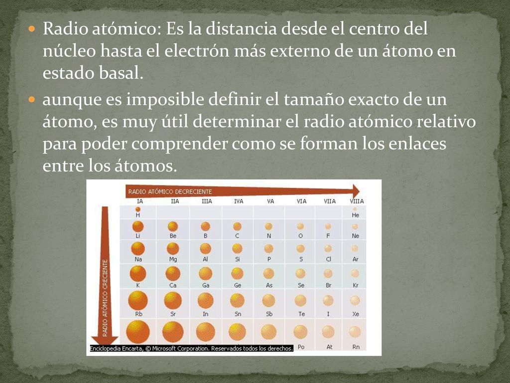 Radio atómico: Es la distancia desde el centro del núcleo hasta el electrón más externo de un átomo en estado basal.