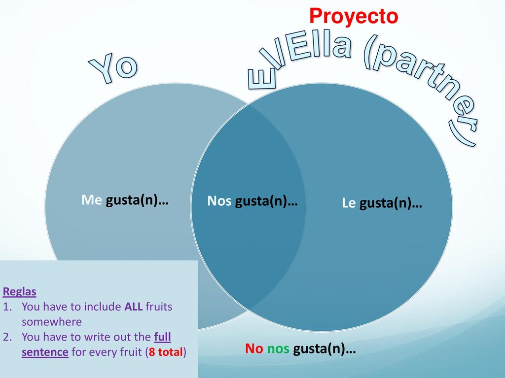 El/Ella (partner) Yo Proyecto Me gusta(n)… Nos gusta(n)… Le gusta(n)…