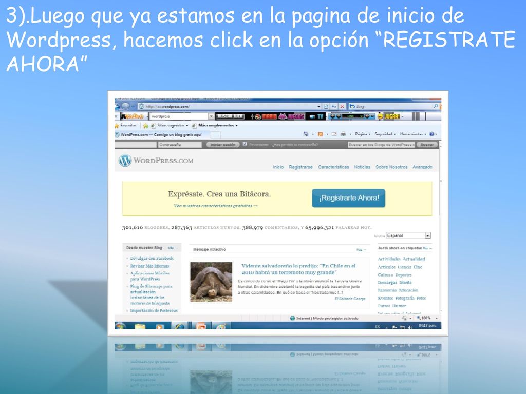 3).Luego que ya estamos en la pagina de inicio de Wordpress, hacemos click en la opción REGISTRATE AHORA