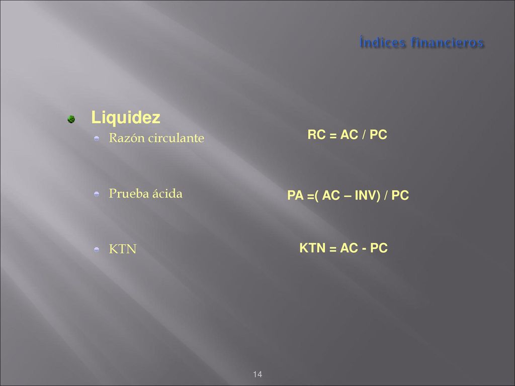 Liquidez Índices financieros Razón circulante RC = AC / PC