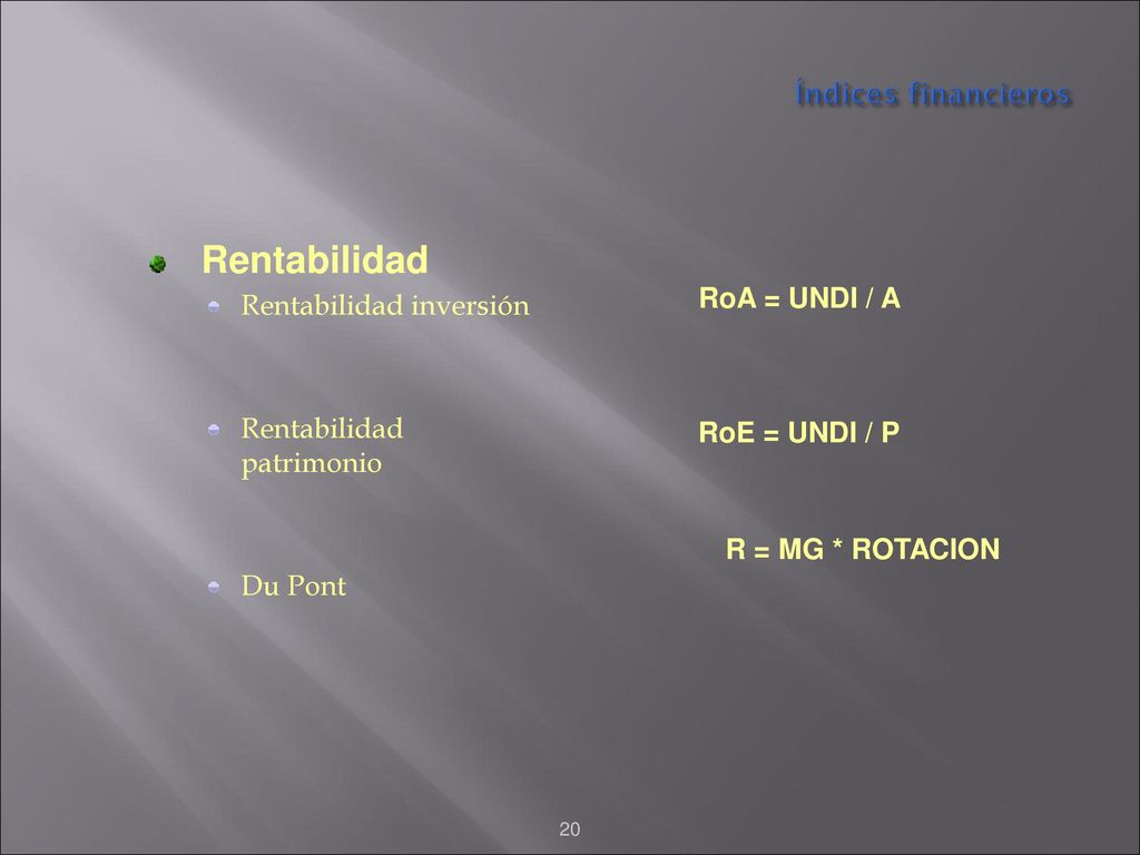 Rentabilidad Índices financieros Rentabilidad inversión RoA = UNDI / A