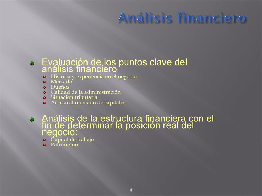 Análisis financiero Evaluación de los puntos clave del análisis financiero: Historia y experiencia en el negocio.