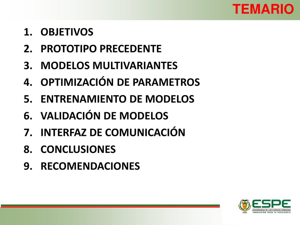 TEMARIO OBJETIVOS PROTOTIPO PRECEDENTE MODELOS MULTIVARIANTES
