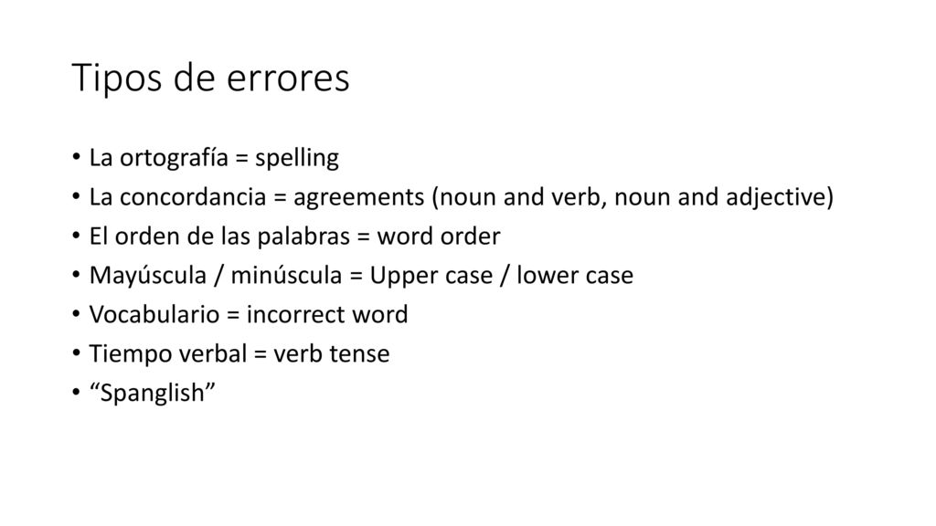 Tipos de errores La ortografía = spelling
