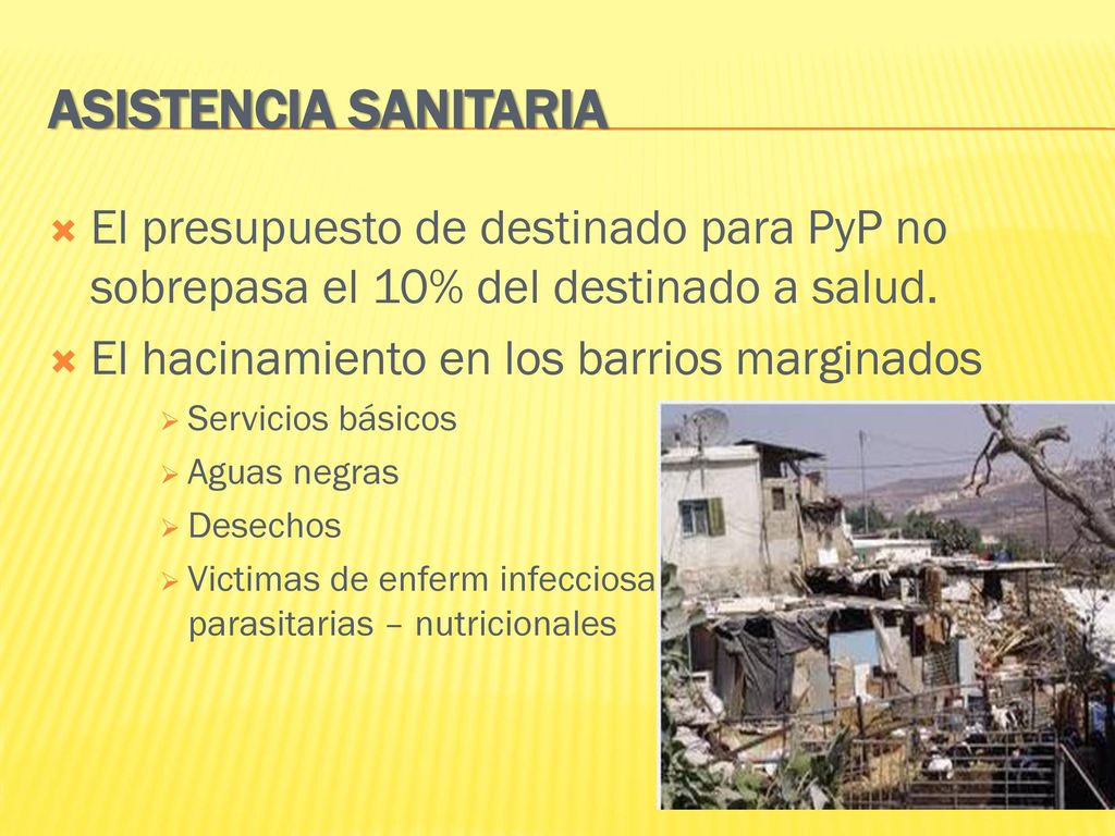 ASISTENCIA SANITARIA El presupuesto de destinado para PyP no sobrepasa el 10% del destinado a salud.
