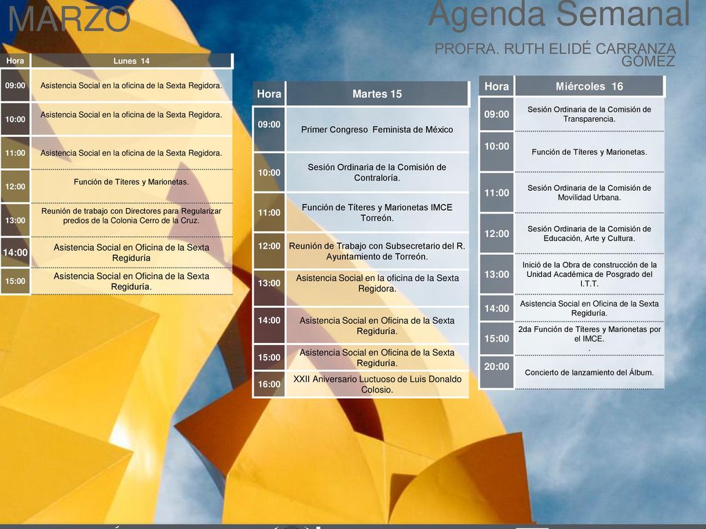 Agenda Semanal MARZO Cabildo Torreón PROFRA. RUTH ELIDÉ CARRANZA GÓMEZ