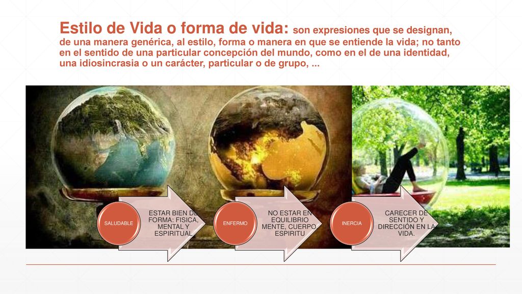 Estilo de Vida o forma de vida: son expresiones que se designan, de una manera genérica, al estilo, forma o manera en que se entiende la vida; no tanto en el sentido de una particular concepción del mundo, como en el de una identidad, una idiosincrasia o un carácter, particular o de grupo, ...