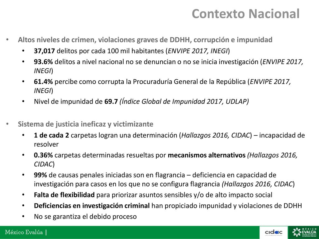 Contexto Nacional Altos niveles de crimen, violaciones graves de DDHH, corrupción e impunidad.