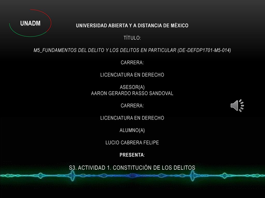 UNIVERSIDAD ABIERTA Y A DISTANCIA DE MÉXICO TÍTULO: M5_FUNDAMENTOS DEL DELITO Y LOS DELITOS EN PARTICULAR (DE-DEFDP1701-M5-014) CARRERA: LICENCIATURA EN DERECHO ASESOR(A) AARON GERARDO RASSO SANDOVAL CARRERA: LICENCIATURA EN DERECHO ALUMNO(A) LUCIO CABRERA FELIPE PRESENTA: S3. ACTIVIDAD 1. CONSTITUCIÓN DE LOS DELITOS
