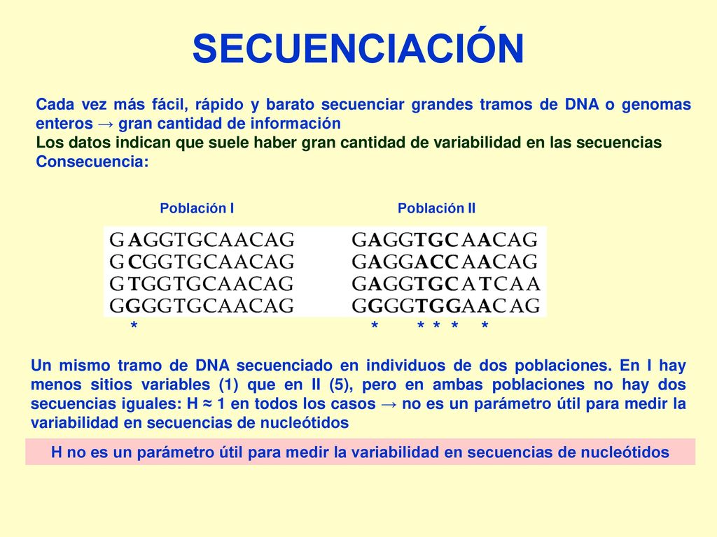 SECUENCIACIÓN Cada vez más fácil, rápido y barato secuenciar grandes tramos de DNA o genomas enteros → gran cantidad de información.