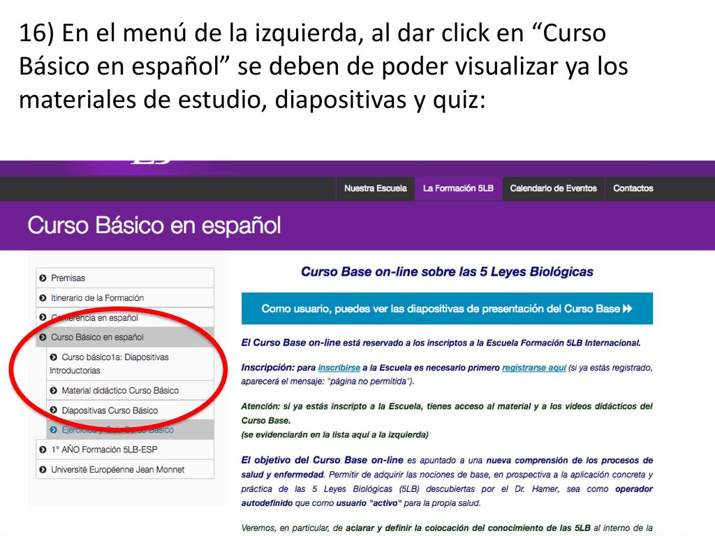 16) En el menú de la izquierda, al dar click en Curso Básico en español se deben de poder visualizar ya los materiales de estudio, diapositivas y quiz: