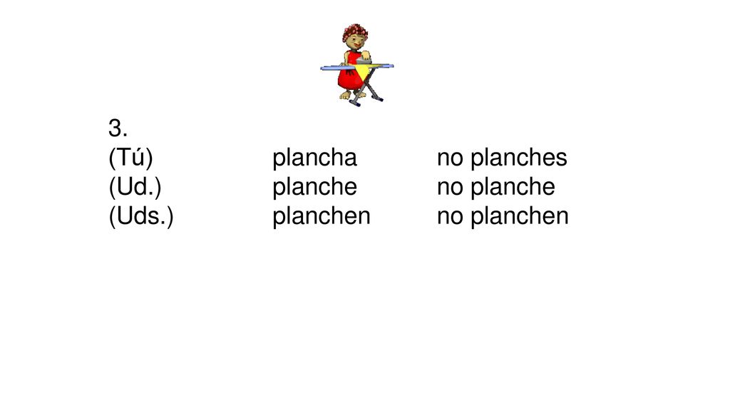 3. (Tú) plancha no planches (Ud.) planche no planche (Uds.) planchen no planchen