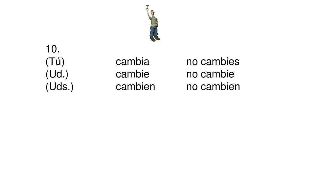 10. (Tú) cambia no cambies (Ud.) cambie no cambie (Uds.) cambien no cambien