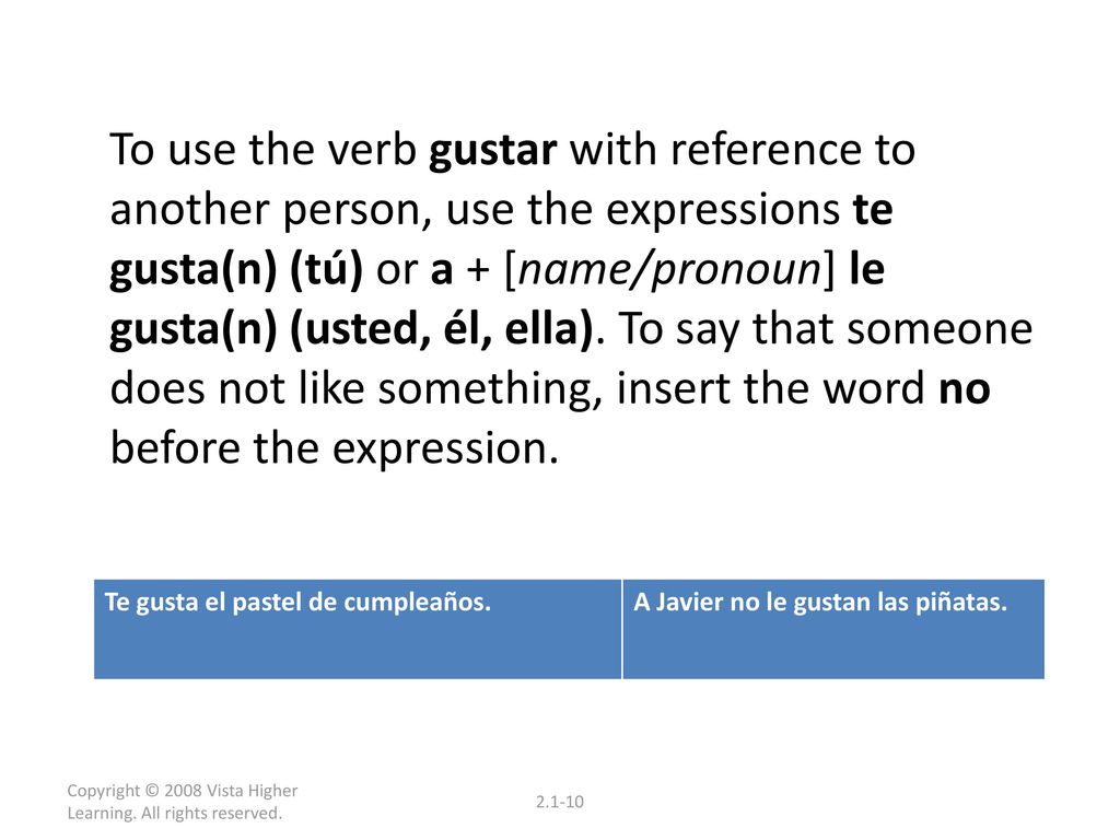 To use the verb gustar with reference to another person, use the expressions te gusta(n) (tú) or a + [name/pronoun] le gusta(n) (usted, él, ella). To say that someone does not like something, insert the word no before the expression.