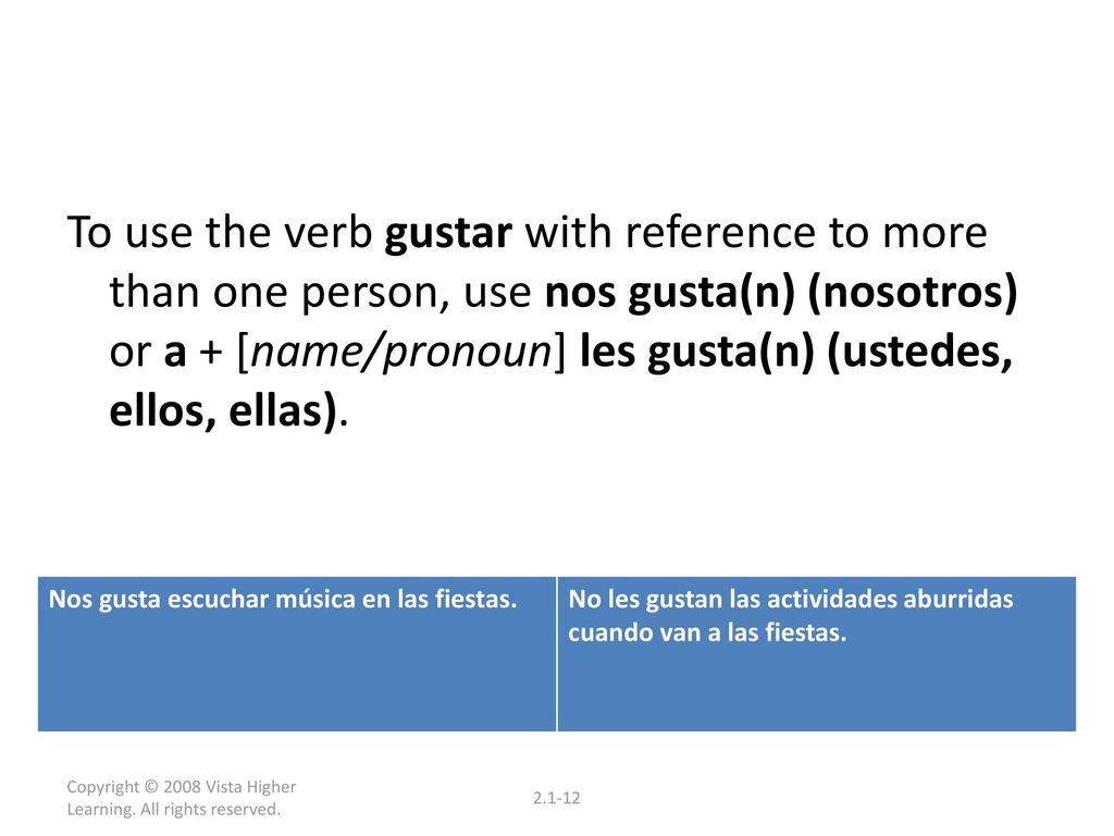 To use the verb gustar with reference to more than one person, use nos gusta(n) (nosotros) or a + [name/pronoun] les gusta(n) (ustedes, ellos, ellas).