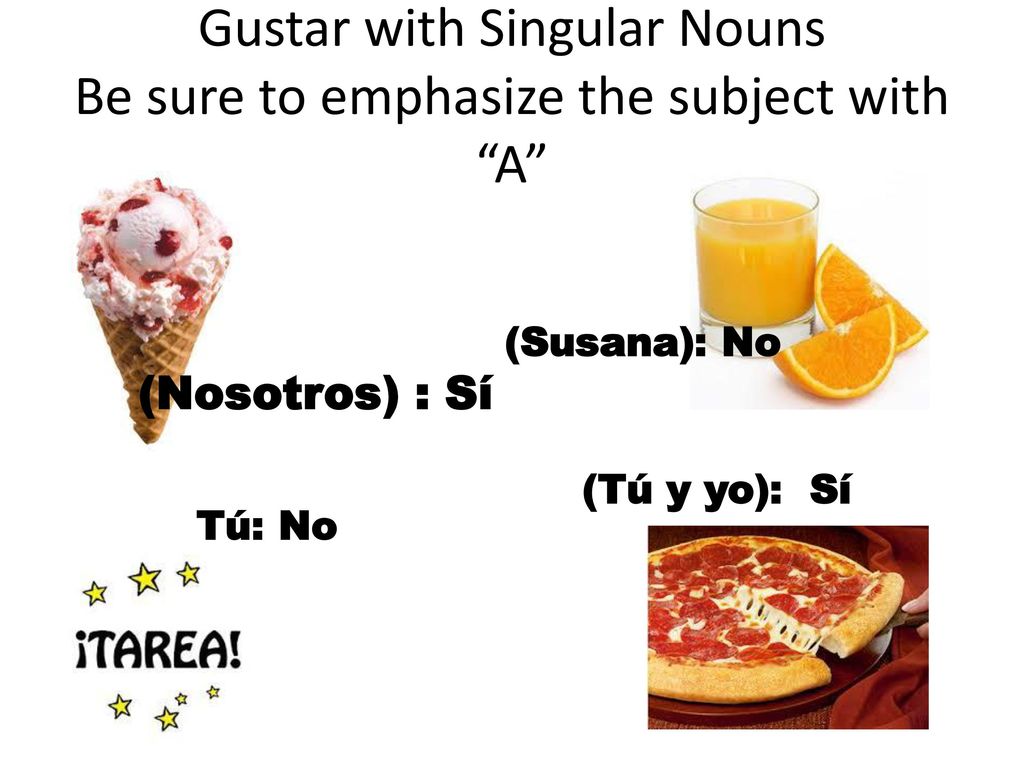 Gustar with Singular Nouns Be sure to emphasize the subject with A